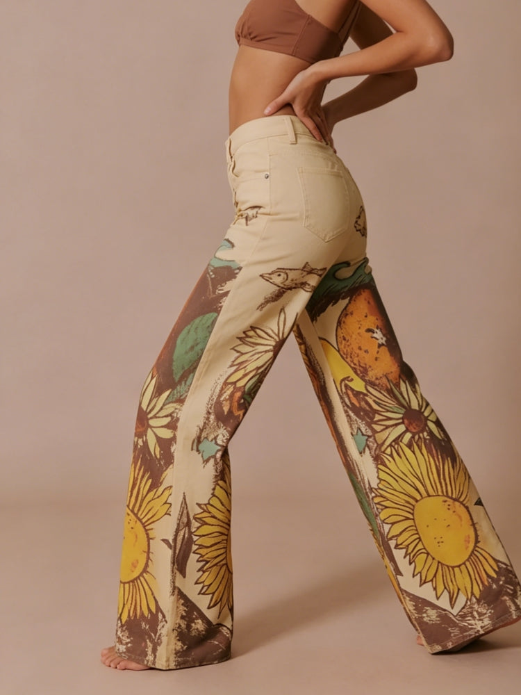 Jeans mit Sonnenblumenmuster, mittelhoch, gerade geschnitten