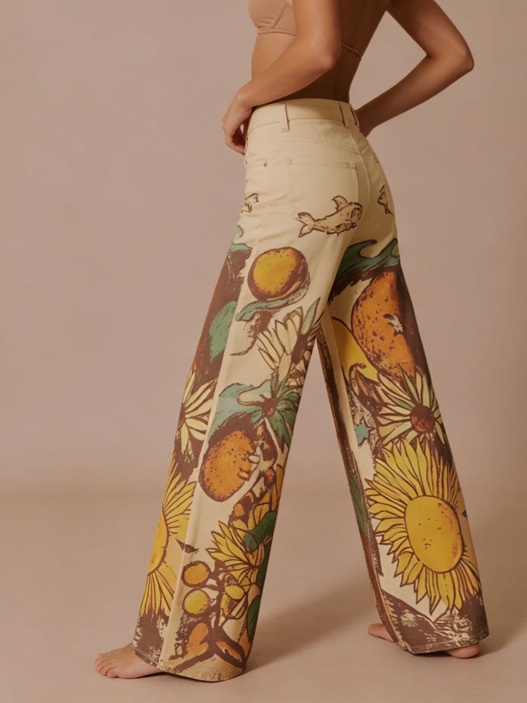 Jeans mit Sonnenblumenmuster, mittelhoch, gerade geschnitten