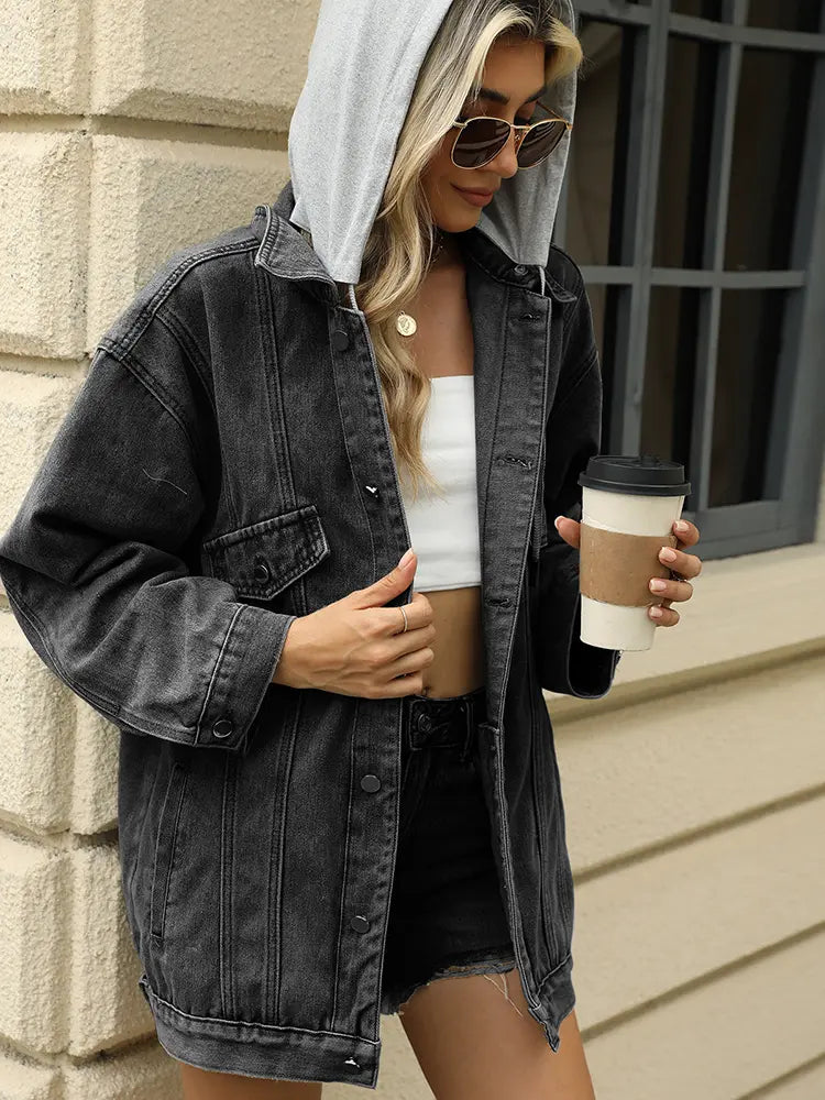 Giacca di jeans con cappuccio ampia da donna