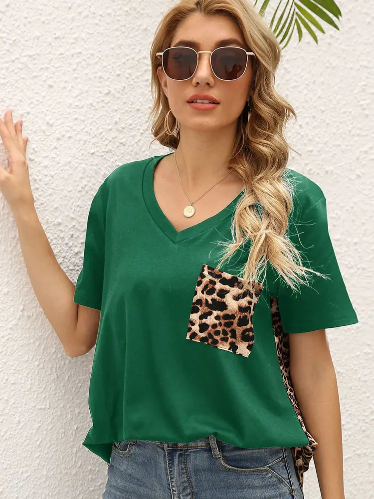 Lös Passform Leopardtryck Patchwork T-shirt