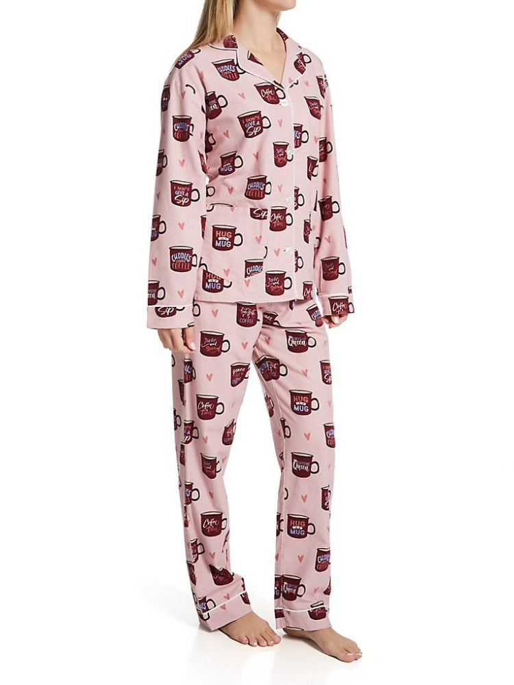 Conjunto de Pijamas con Estampado de Corazón y Taza de Café