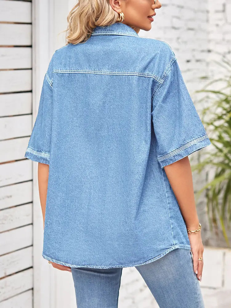 Short-Sleeve Button-Up Casual Denim Shirt