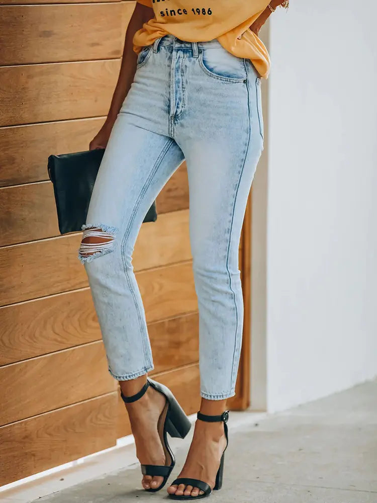 Vintage Ripped Denim Ankle-Length Pants