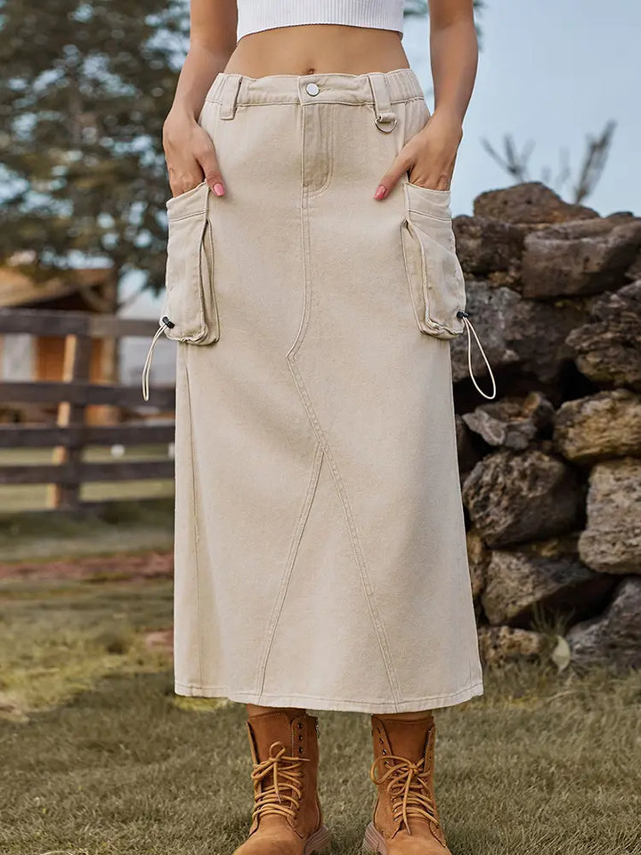 Vintage-inspirert denim cargo midi skjørt