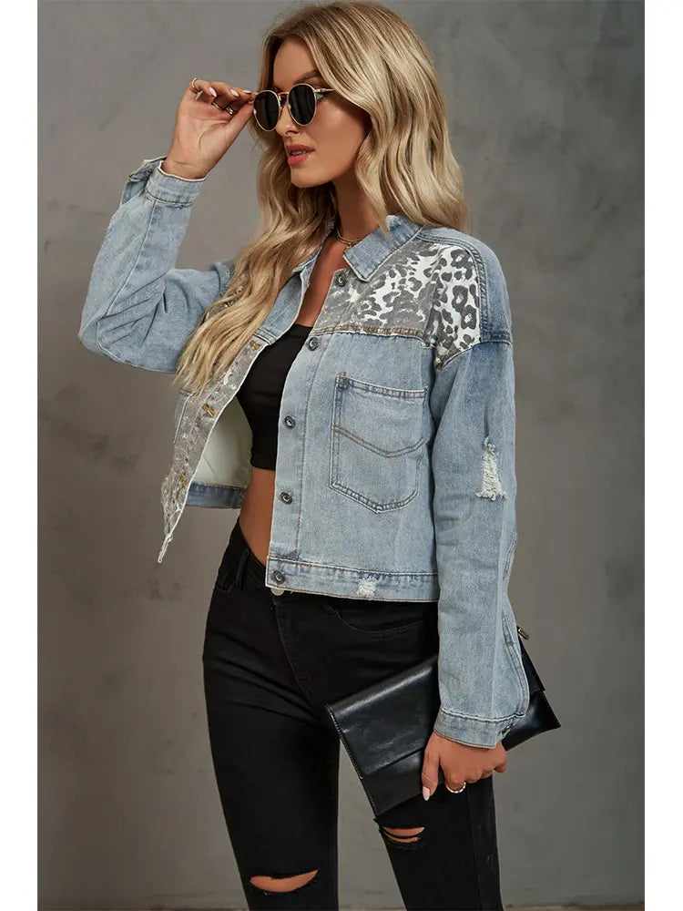 Leopard Print Denim Patchwork Jacket