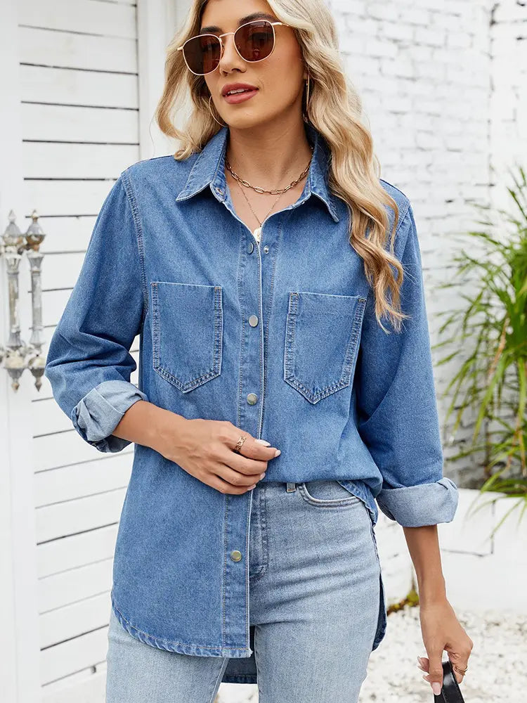 Relaxed Fit Snap-Button Long-Sleeve Denim Shirt