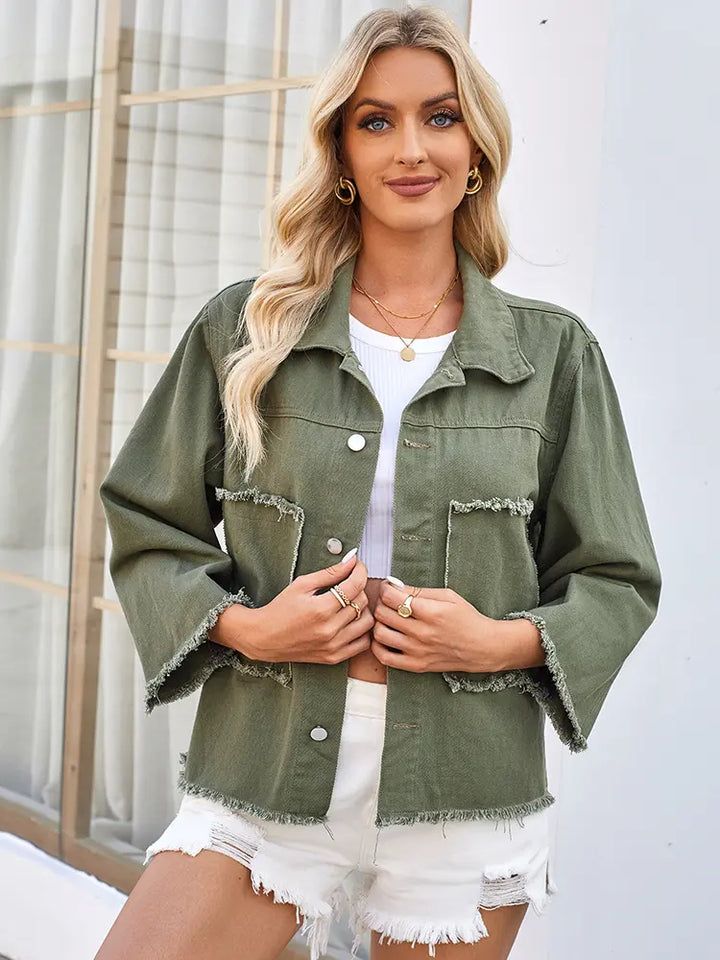 Chaqueta de mezclilla verde ejército de corte holgado lavada