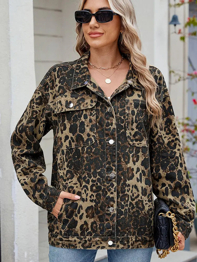 Yıkanmış Leopar Desenli Denim Ceket