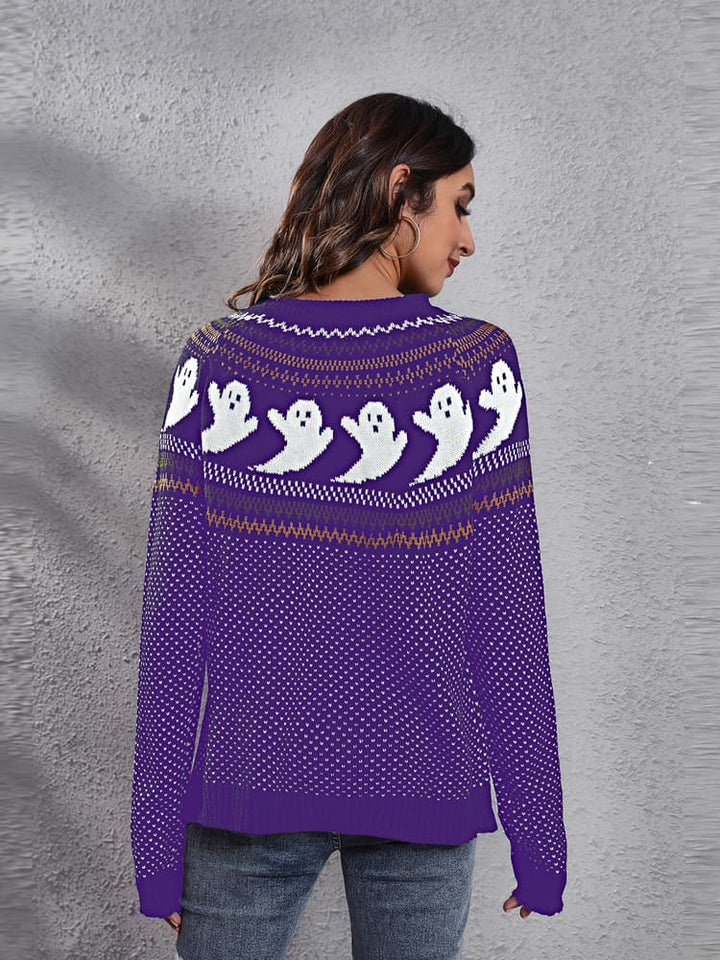 Pull tricoté à col rond à motif fantôme rétro littéraire