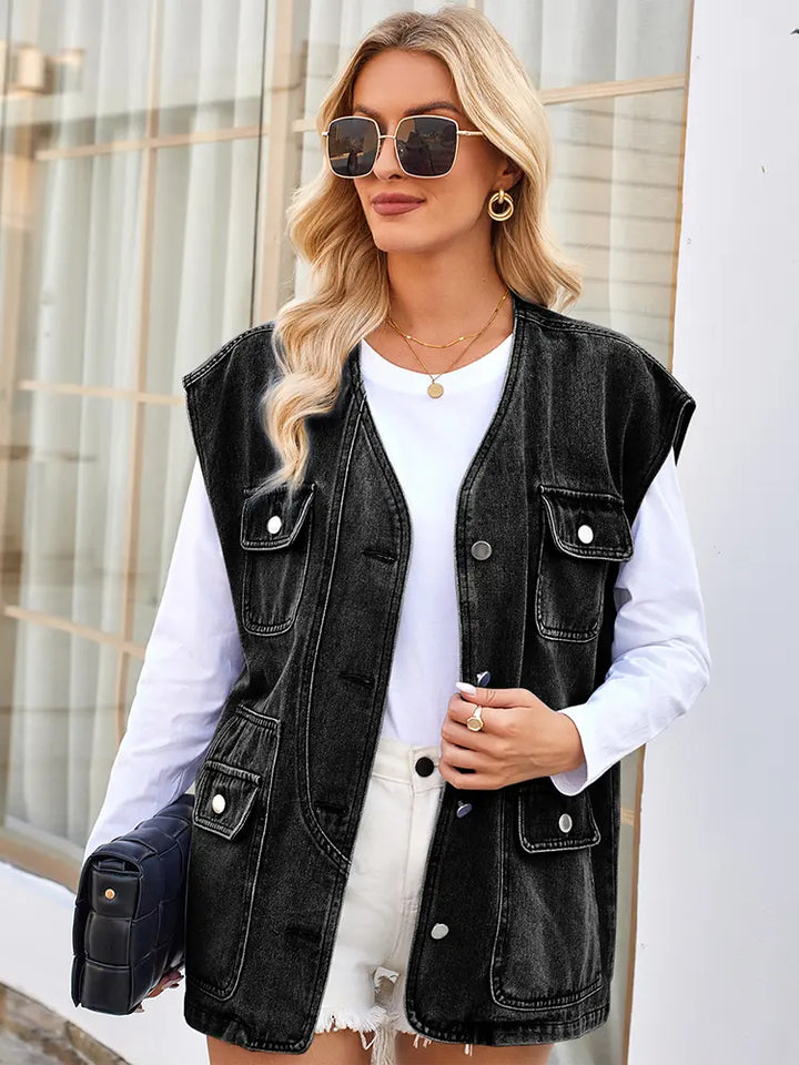 Trendy Washed Multi-Pocket Denim Vest