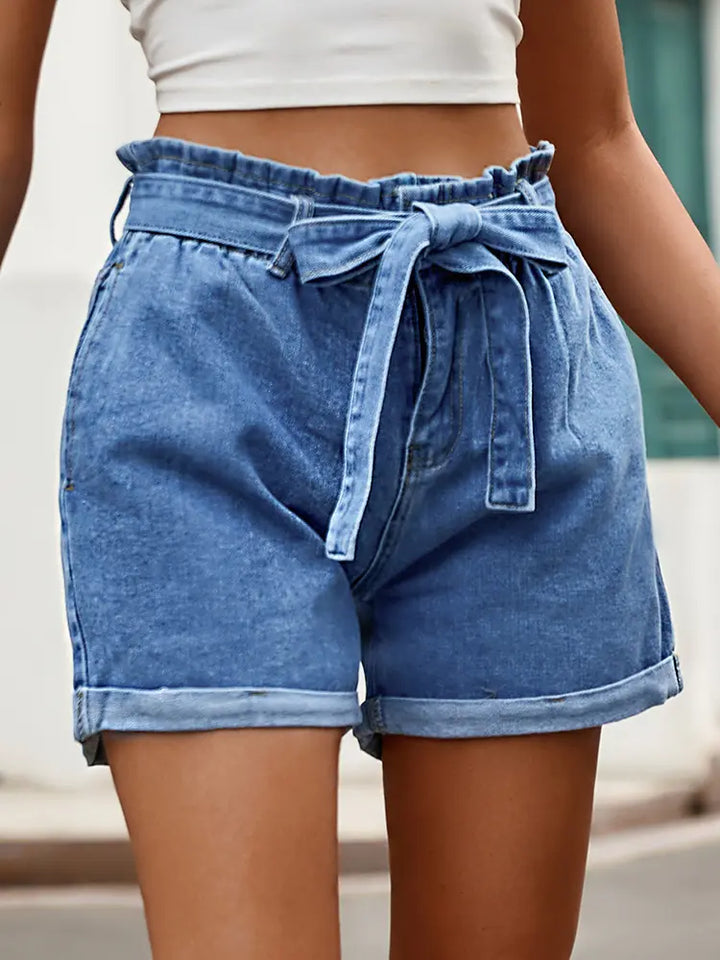 High-Waist Drawstring Denim Shorts na may Ribon