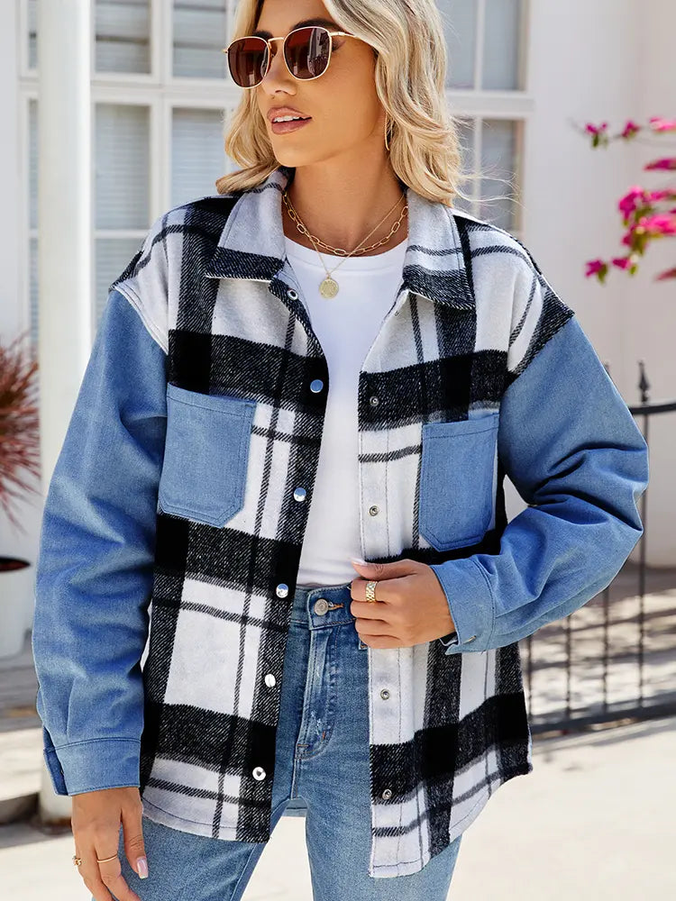 Trendy Washed Plaid Denim Jacket