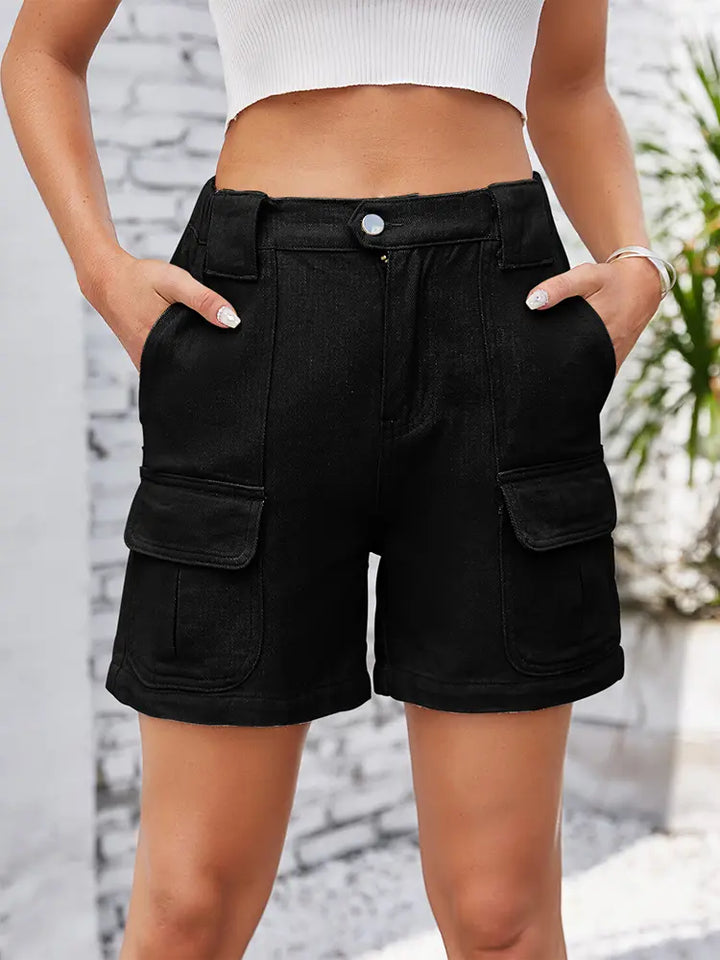 Elastic Waist Cargo Denim Shorts