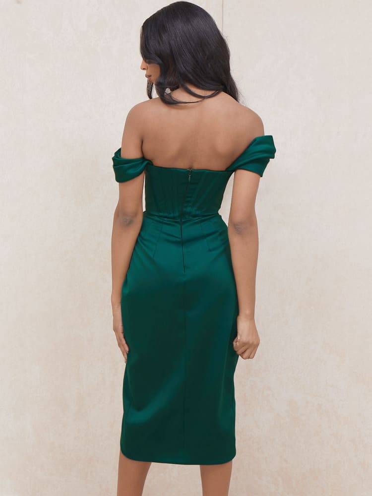 Robe Midi Moulante Corset à Epaules Dénudées - Vert Foncé