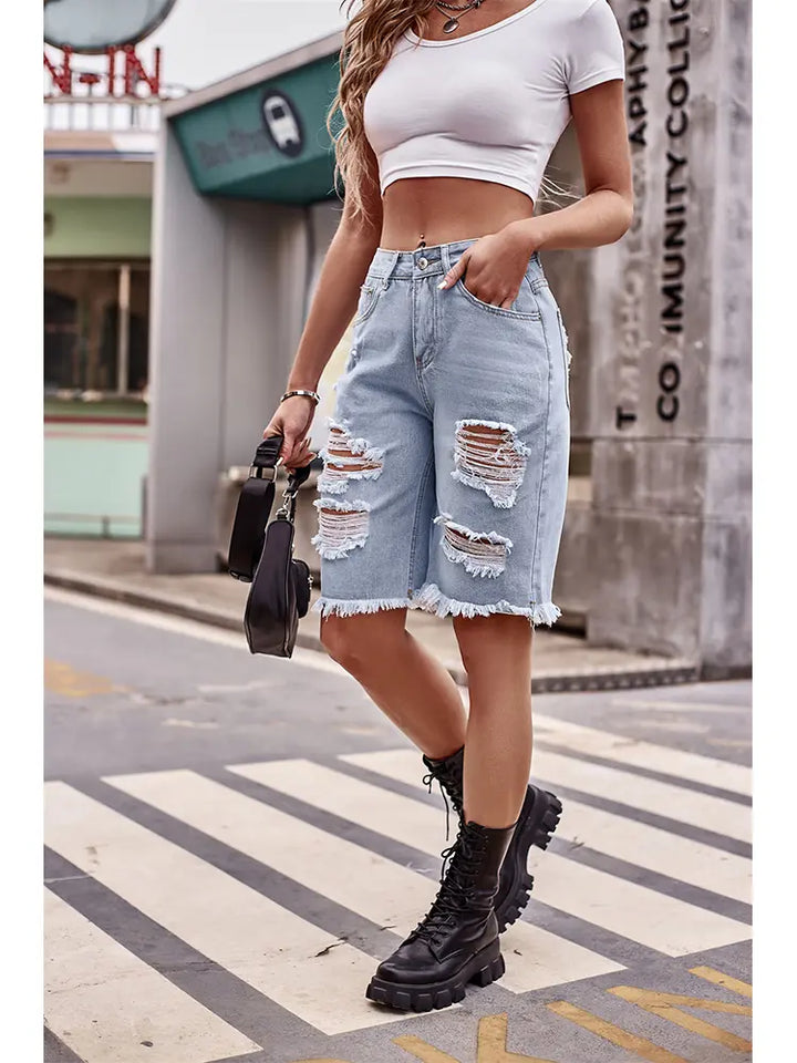 Shorts en denim délavé slim fit avec effet usé de 5 pouces