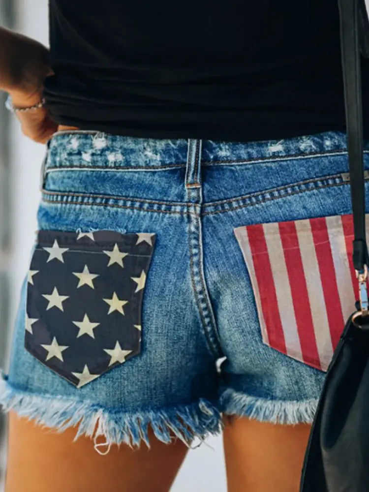 Patriotisk flaggtryck slitna denimshorts