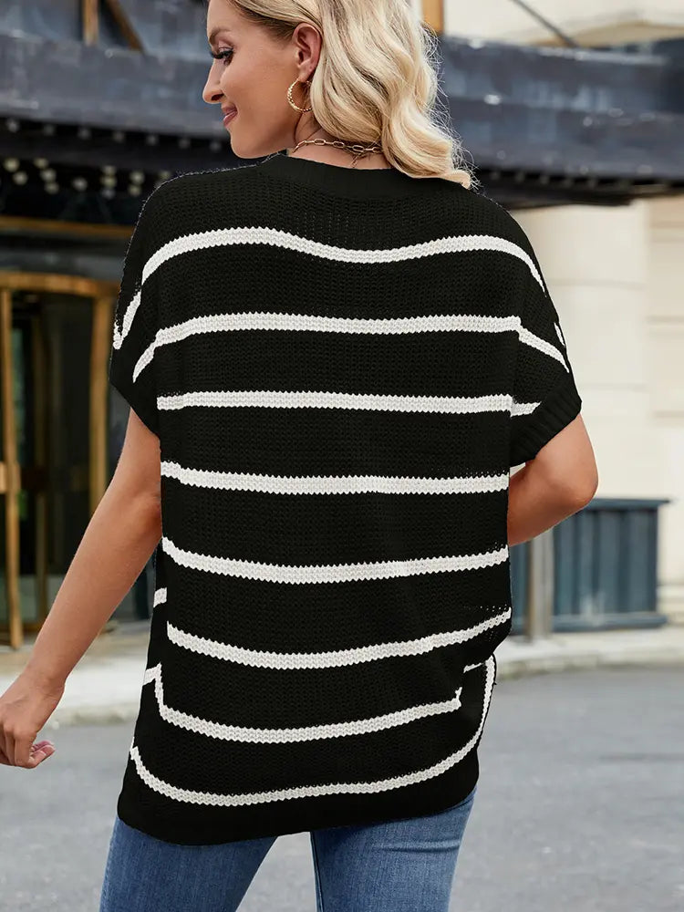 Trendy na Striped Knit Sweater na may Drop Shoulder