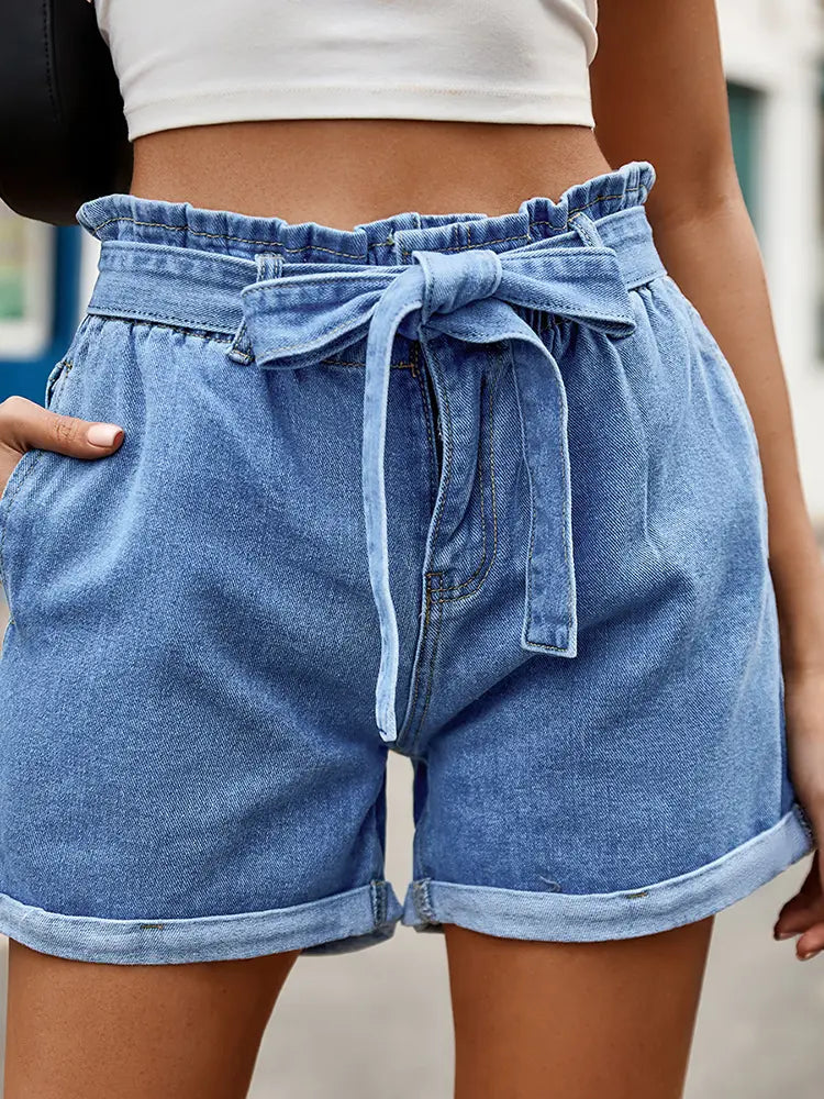 High-Waist Drawstring Denim Shorts na may Ribon