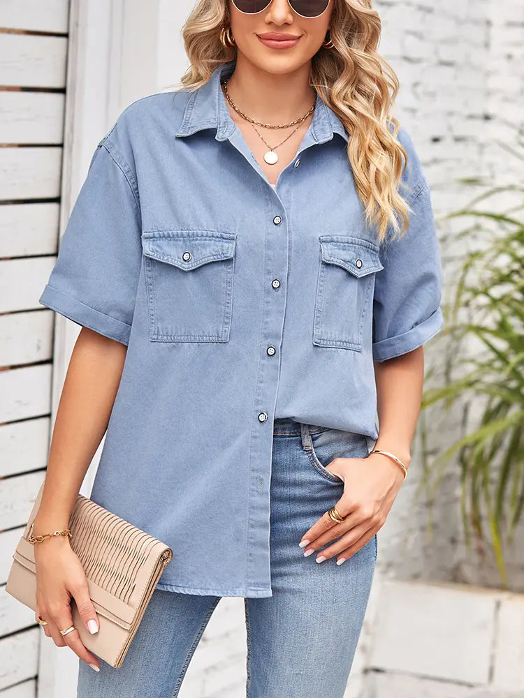 Slim Fit Short-Sleeve Button-Down Denim Shirt