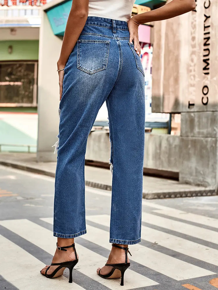 Versatile Washed Ripped Straight-Leg Cropped Jeans