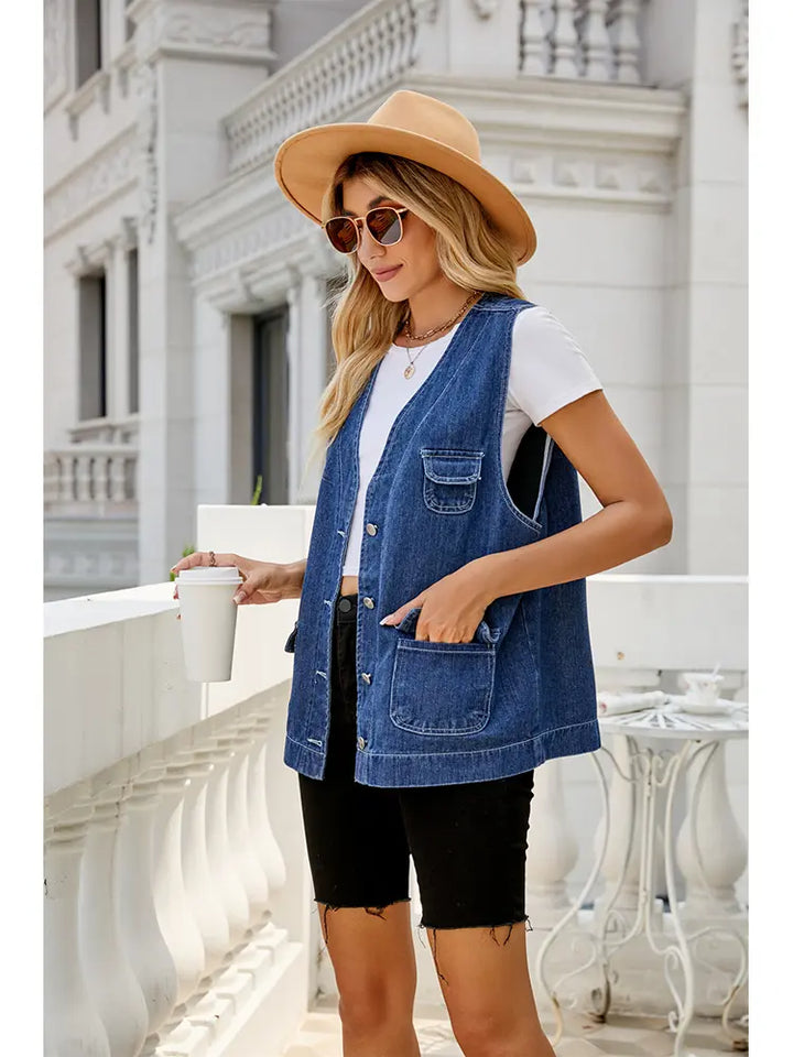 Gilet en denim délavé à poches multiples