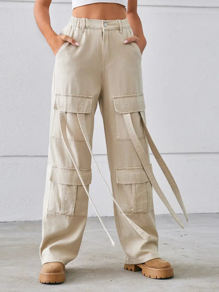 Vintage Heavy-Duty Tie-Design Denim Cargo Pants