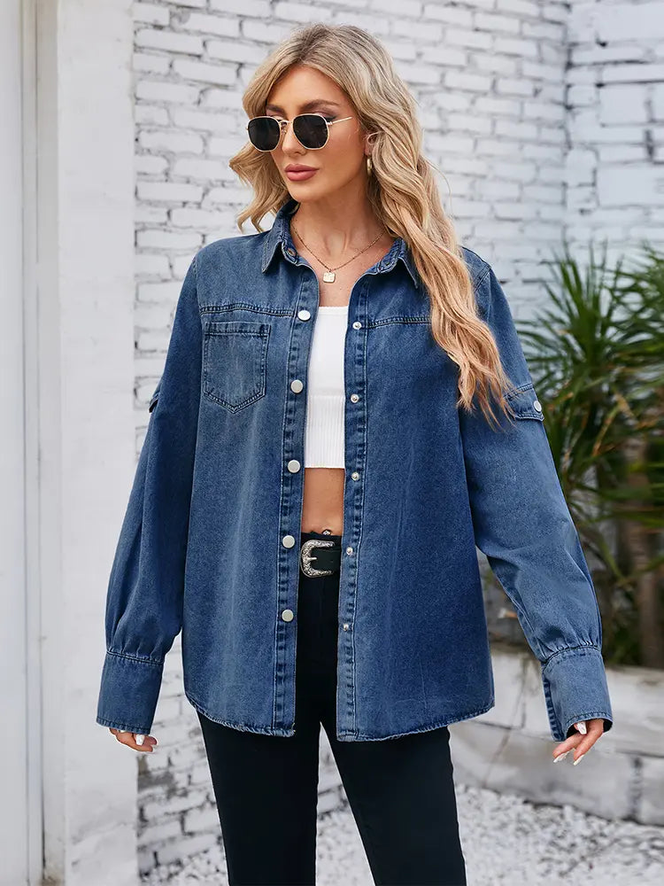 Spring Dört Düğmeli Uzun Kollu Denim Gömlek