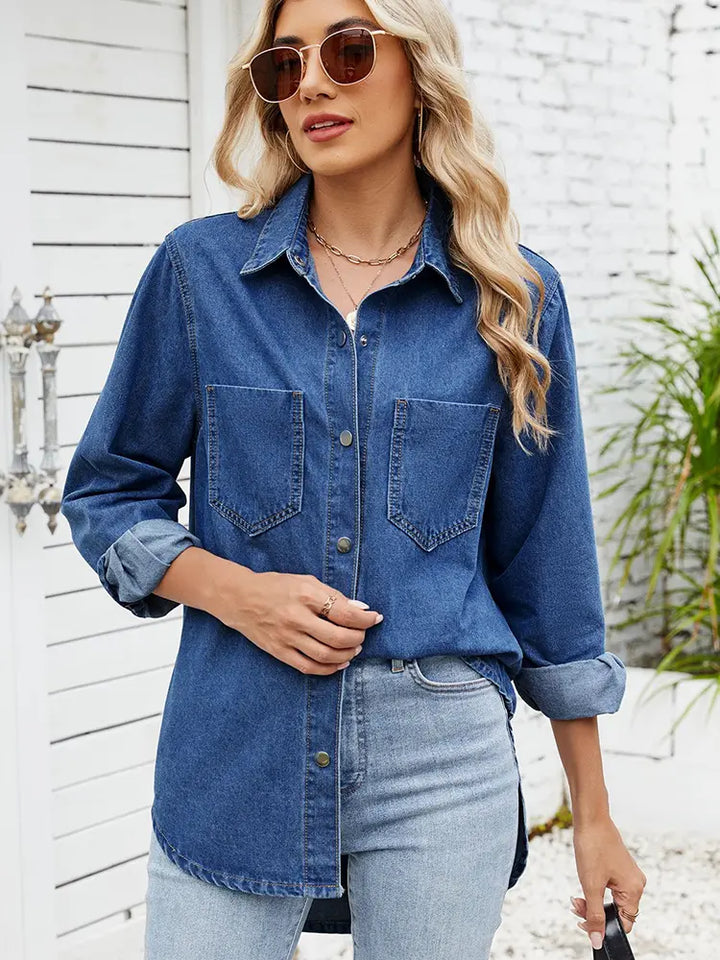 Relaxed Fit Snap-Button Long-Sleeve Denim Shirt