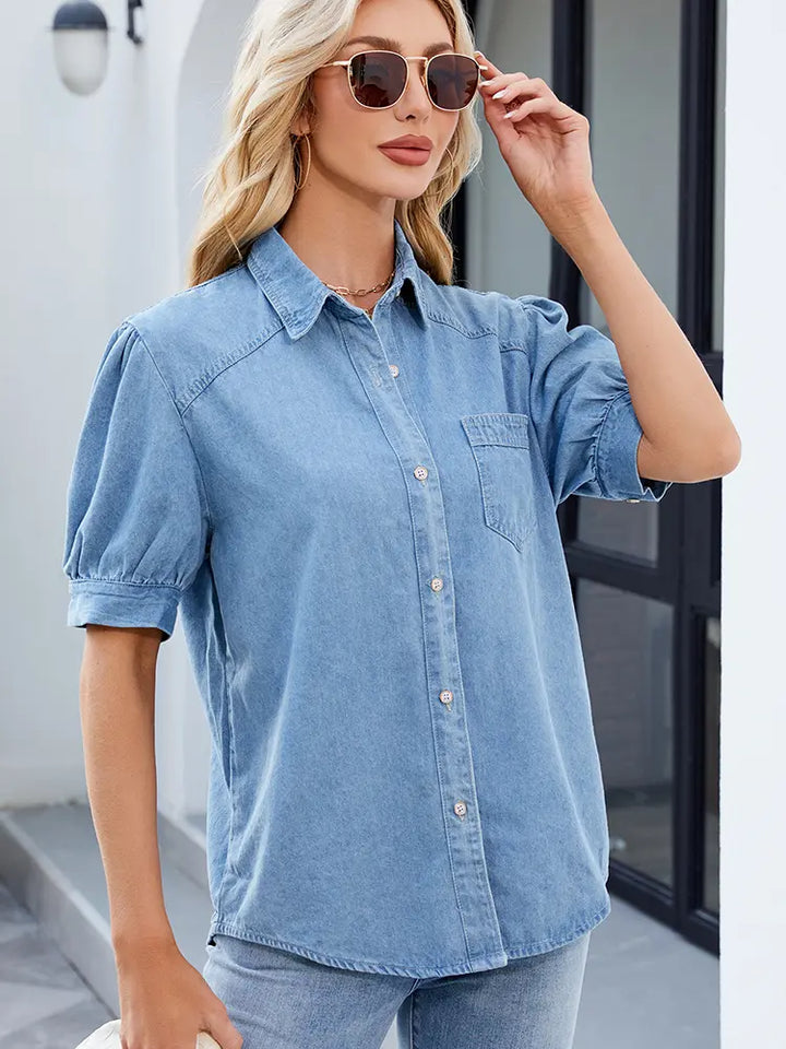 Versatile Princess Sleeve Button-Down Denim Shirt