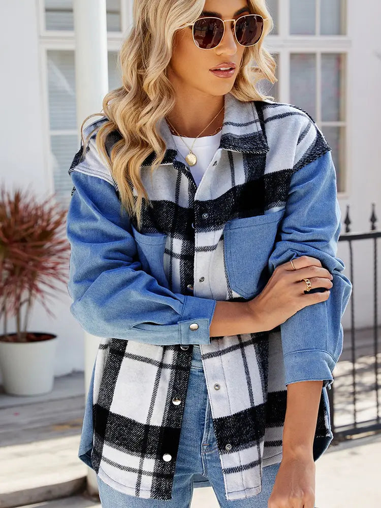 Trendy Washed Plaid Denim Jacket