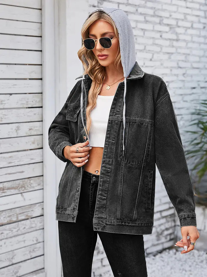 Loose Fit Mid-Length Hooded Denim Jacket