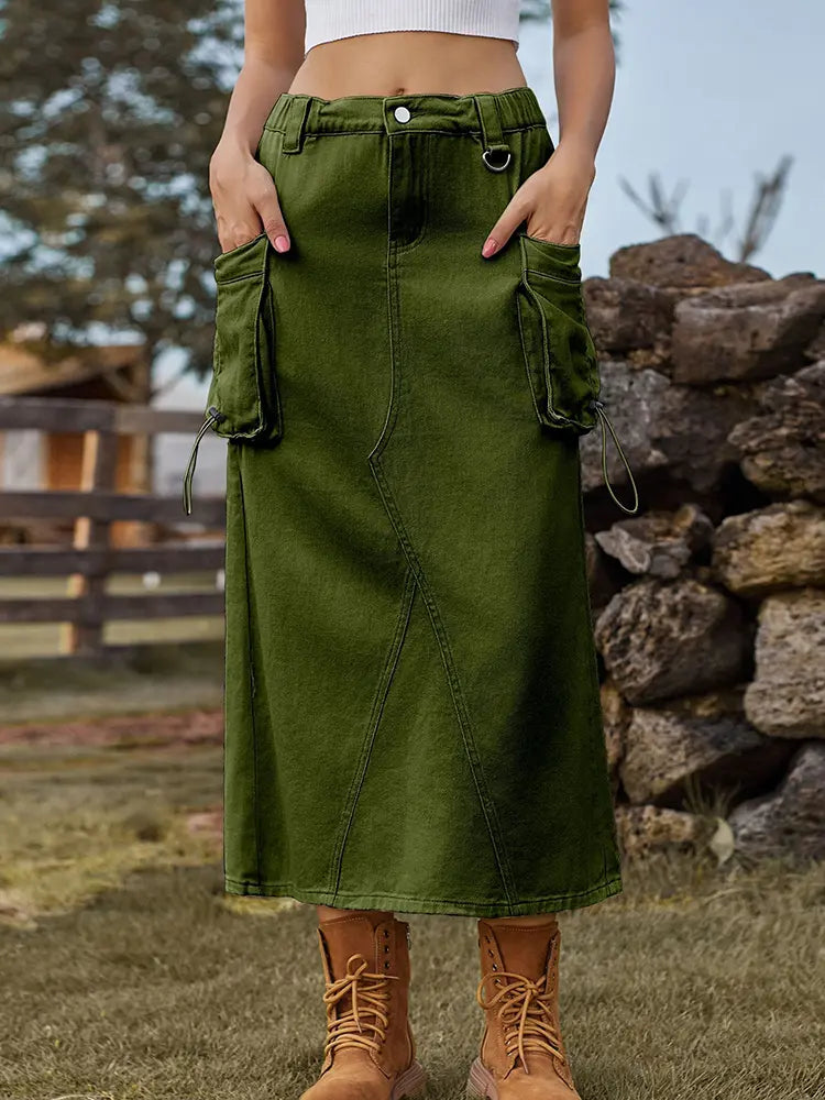 Vintage-inspirert denim cargo midi skjørt