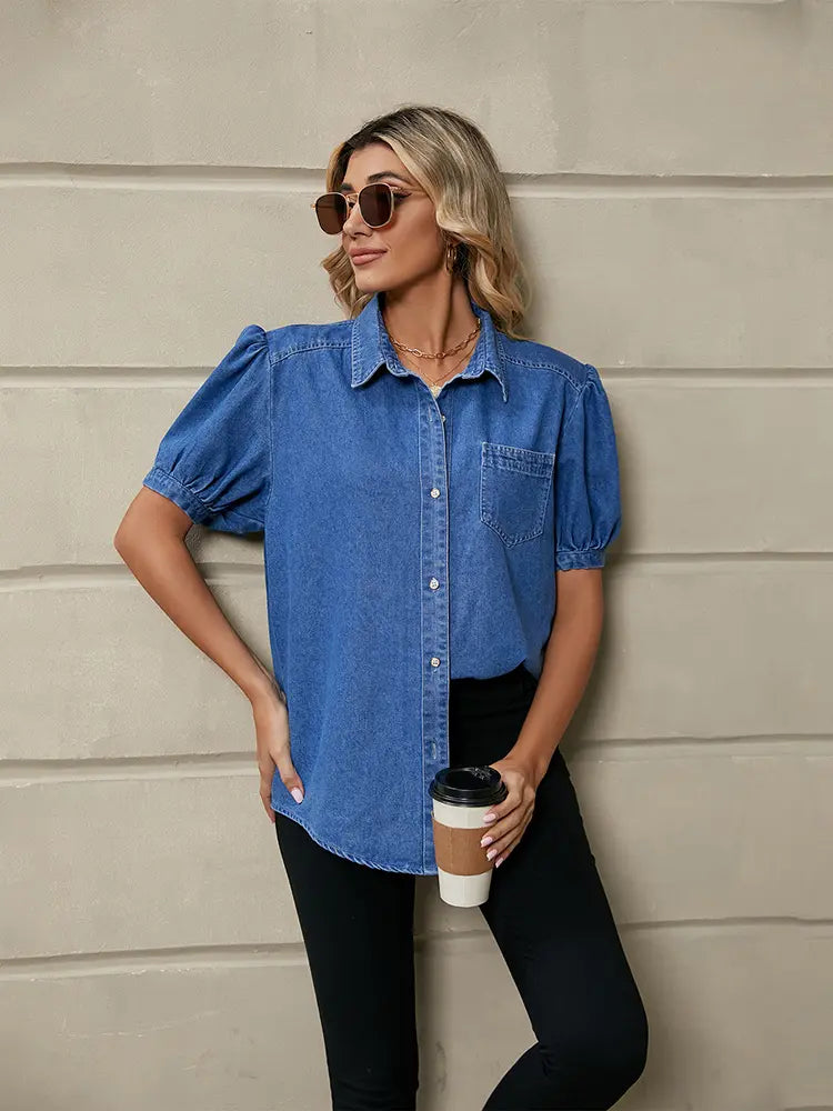 Camicia in denim con colletto a manica versatile