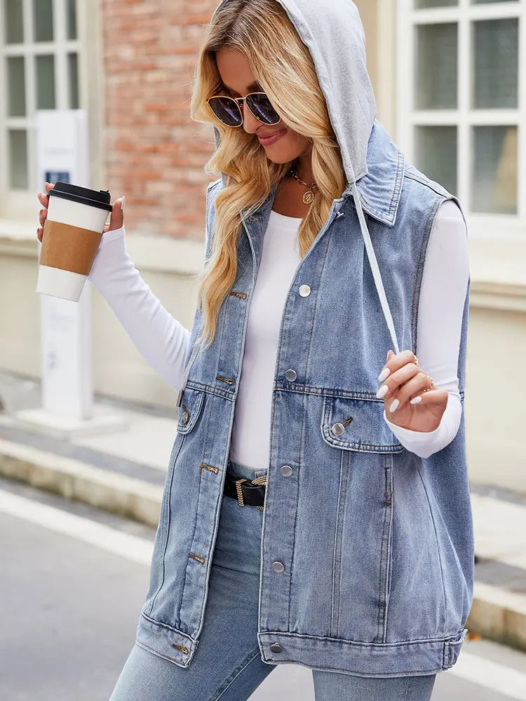 Gilet en denim à capuche sans manches tendance été