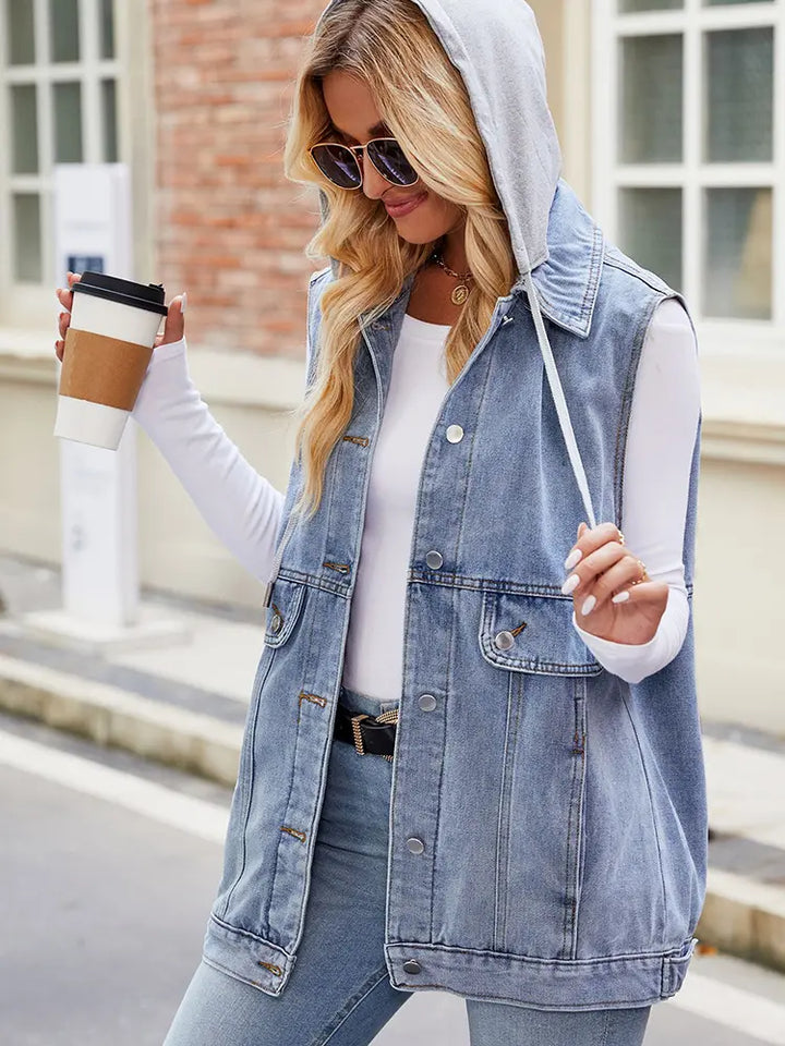 Colete de Denim com Capuz, Sem Mangas, Jaqueta de Verão, Tendência