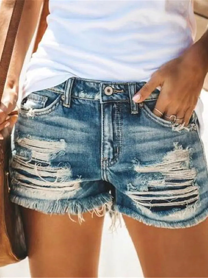 Shorts din denim rupți cu franjuri și talie înaltă