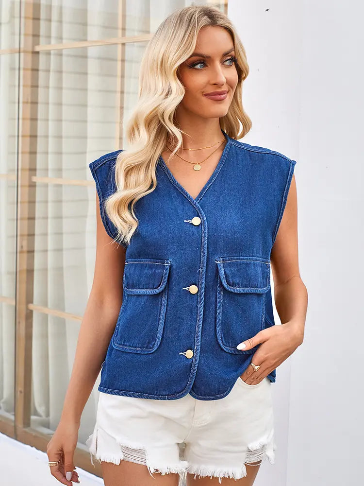 Forår-sommer ærmeløs denim vest top