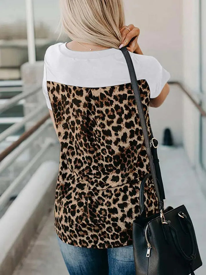 T-shirt de Malha de Verão com Patches de Leopardo