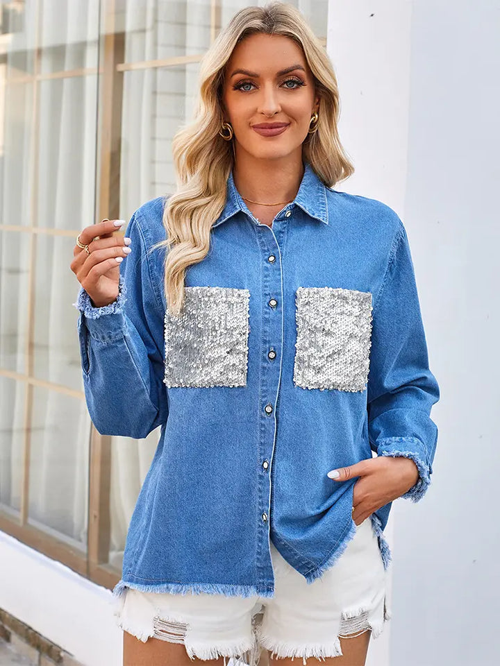 Loose Frayed Denim Shirt with Sequin Pocket