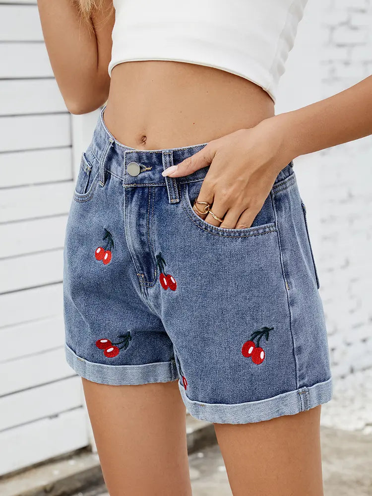 Embroidered Cherry Denim Shorts