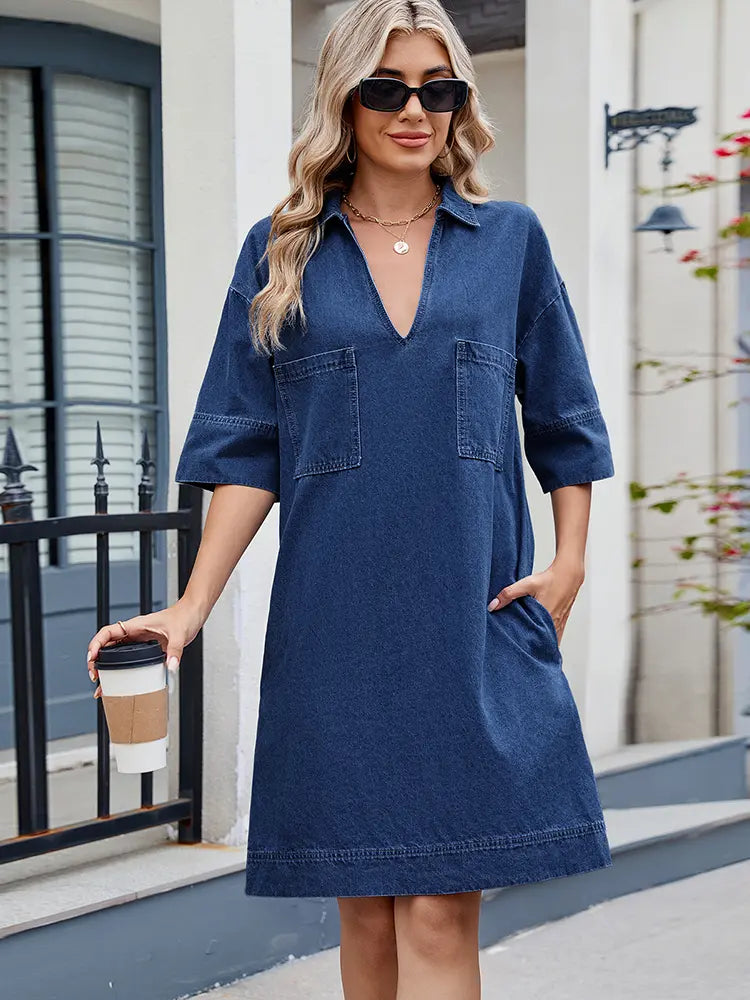 Elegant Loose-Fit V-Neck Midi Dress