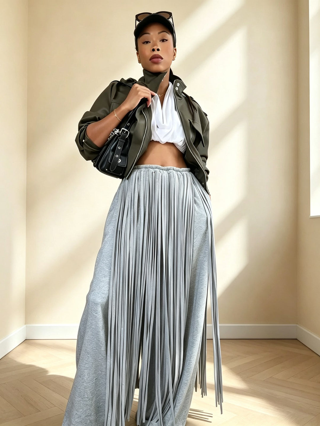 Grey na wide-leg pants na may makapal na palawit
