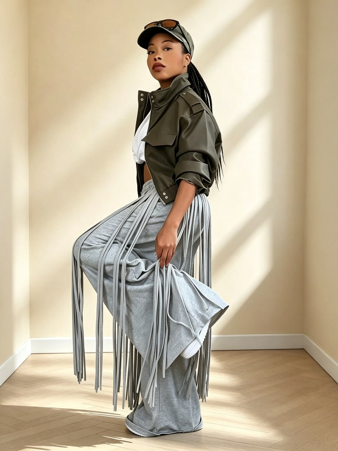 Grey na wide-leg pants na may makapal na palawit