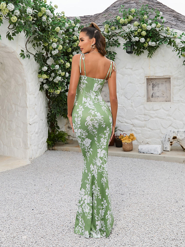 Tie Shoulder Fishtail Hem Floral Print Prom Dress