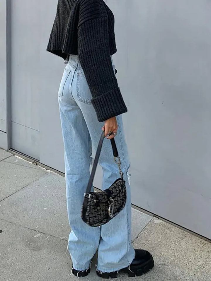 Trendy Flared Wide-Leg Ripped Denim Jeans