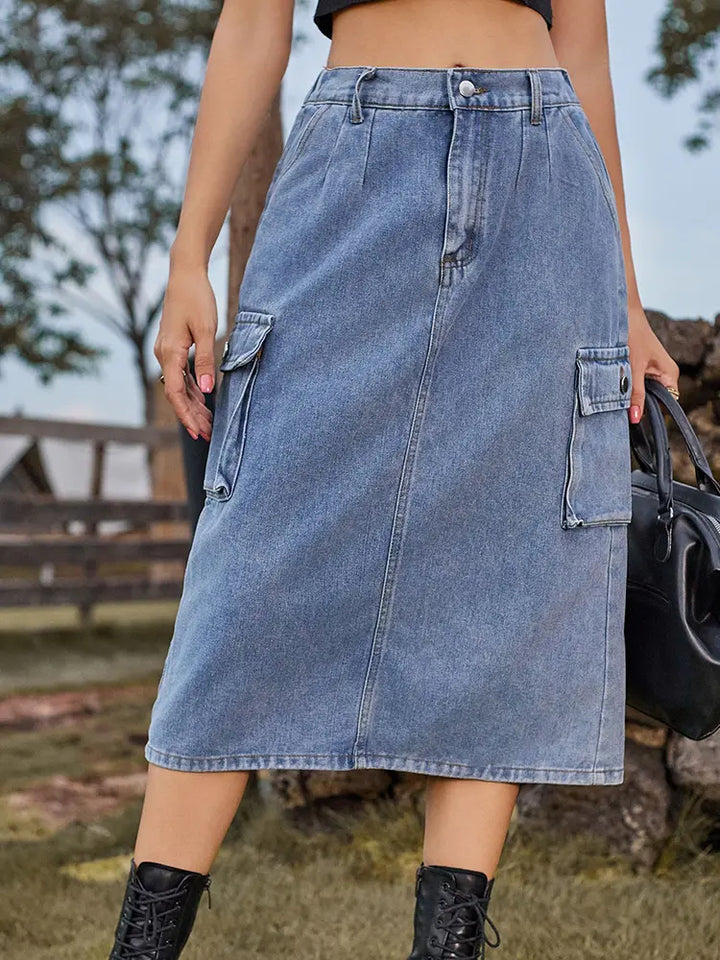 Maraming Gamit na Slim-Fit na Washed Cargo Skirt