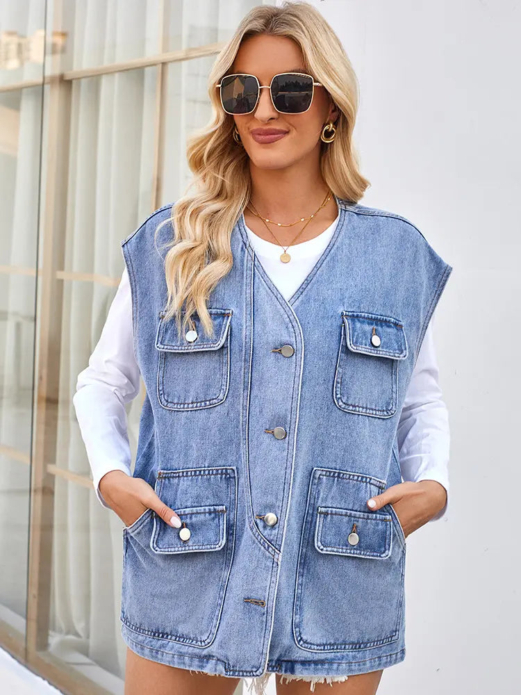 Trendy Washed Multi-Pocket Denim Vest