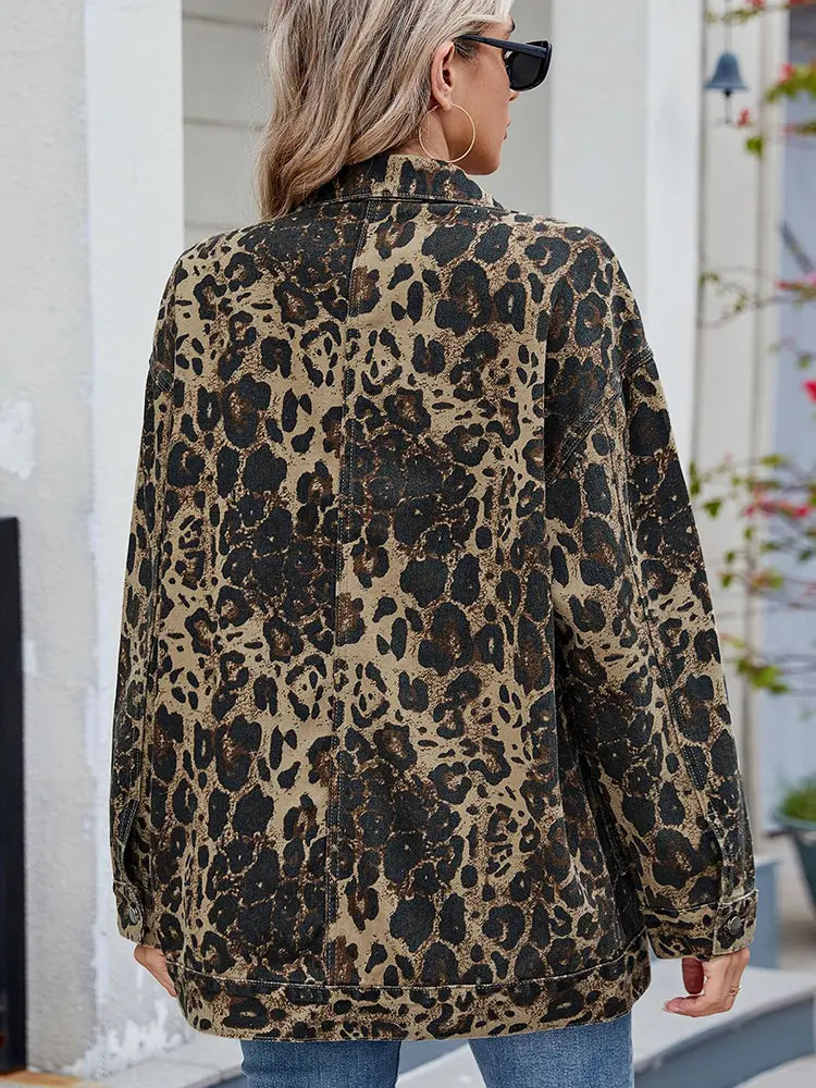 Spring Loose-Fit Leopard Print Denim Jacket