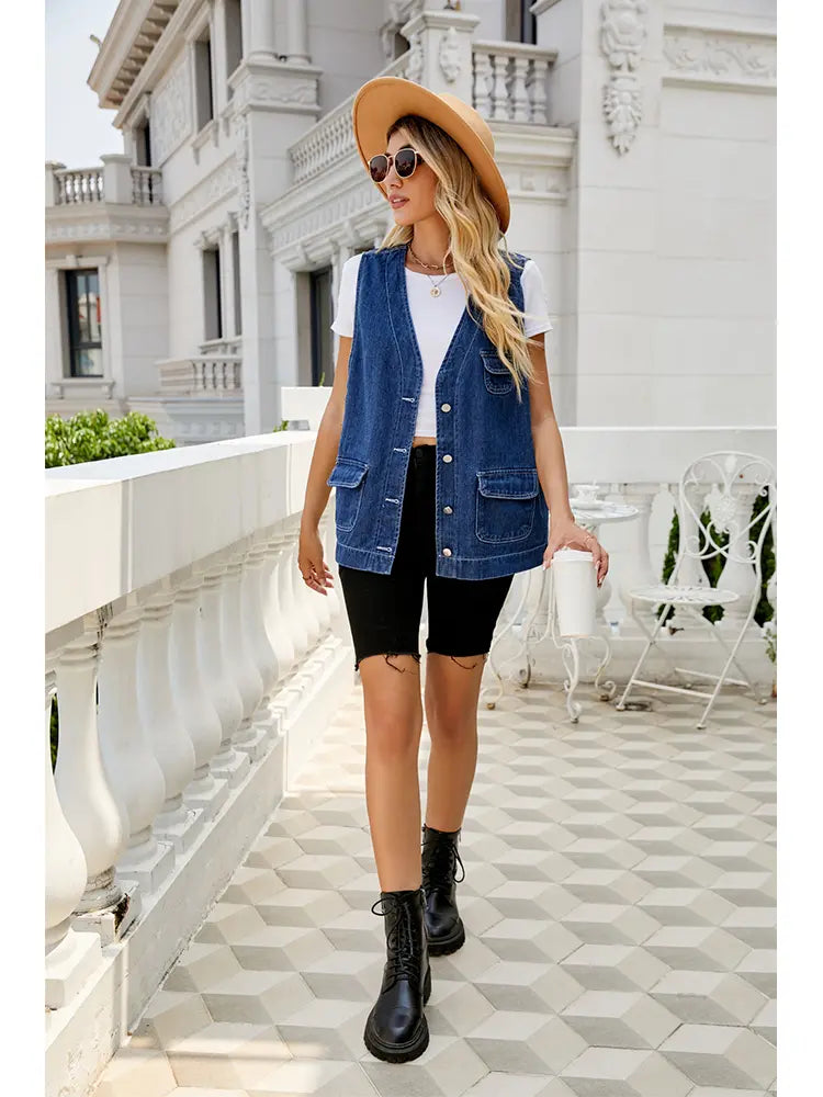 Multi-Pocket Washed Denim Vest