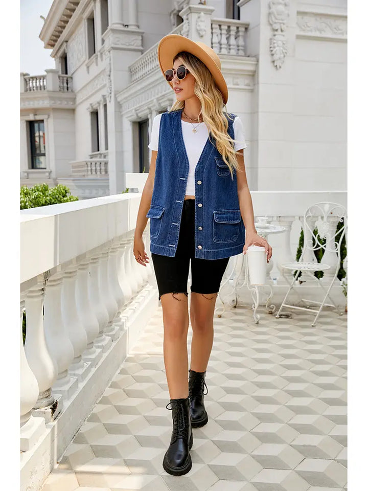 Multi-lomme vasket denimvest